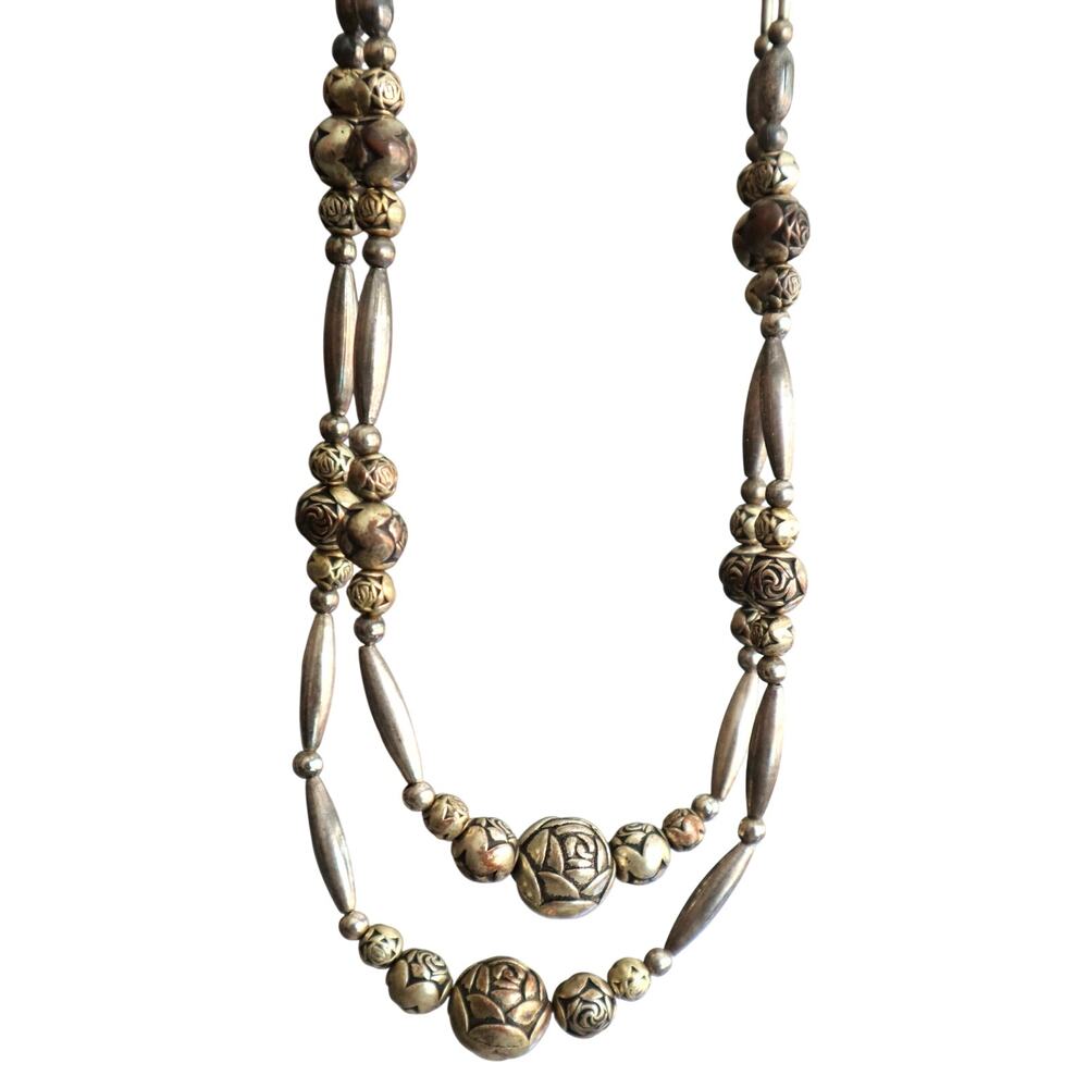 Vintage Rose Engraved 2 Strand Layered Southwestern Necklace Rosette Brass Tone